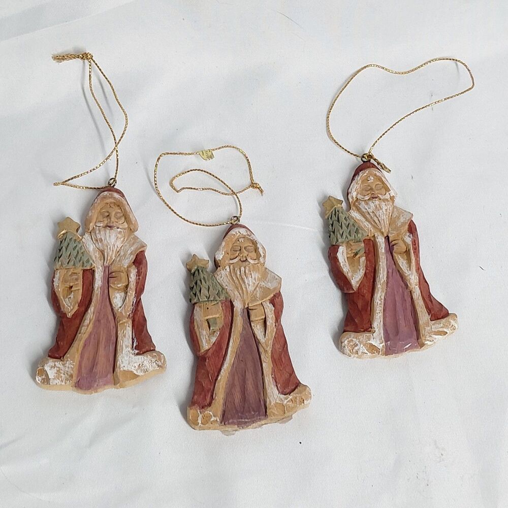 Lot of 3 Vintage Resin Old World Santa Claus Ornaments Folk Art Belsnickle 3.5"